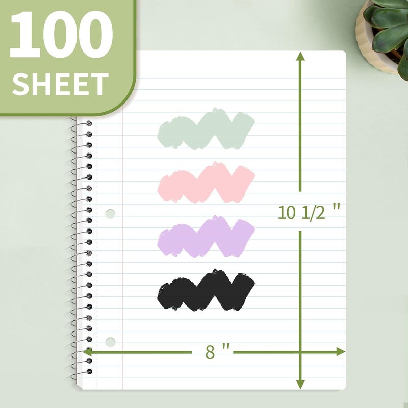 SUNEE Spiral Notebook, 1-Subject, Wide Ruled Paper, 8" x 10-1/2", 100 Sheets per Notebook, 3-Hole Punched Paper, Water Resistant Cover, Double-sided Pockets, Spiral Lined Notebooks for School, Green - Image 2